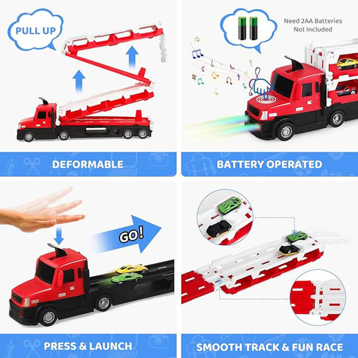 Large transport truck that turns into a car racing track