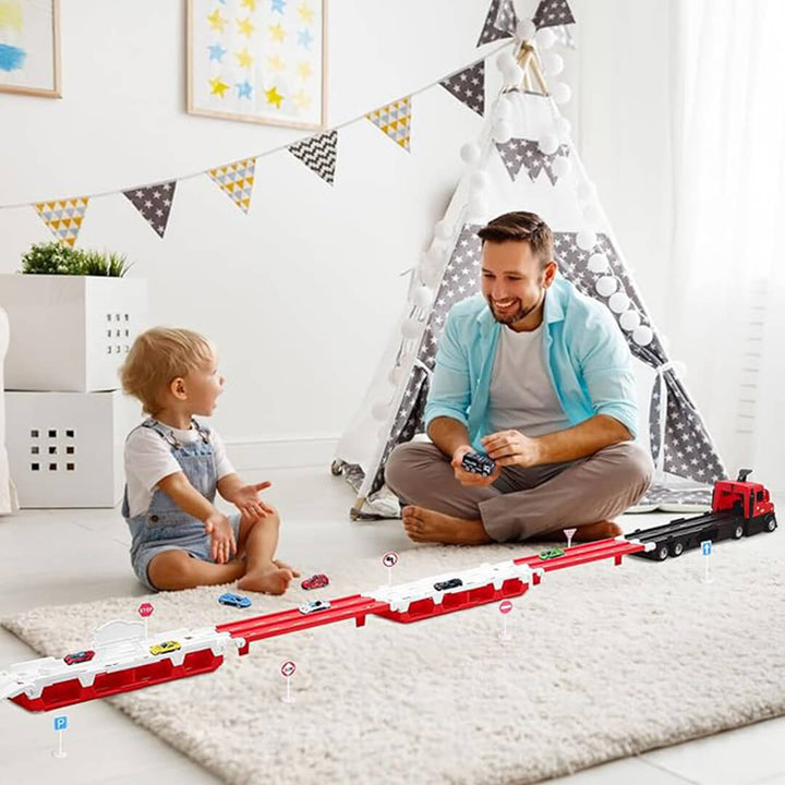 Foldable track toy for kids with launch button and vehicles