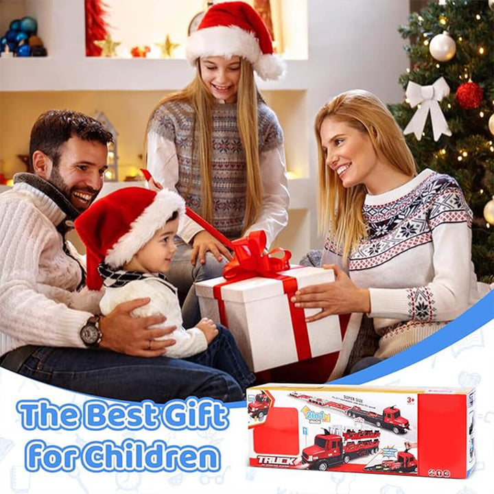 Kids' foldable toy truck that becomes a racing game with mini cars