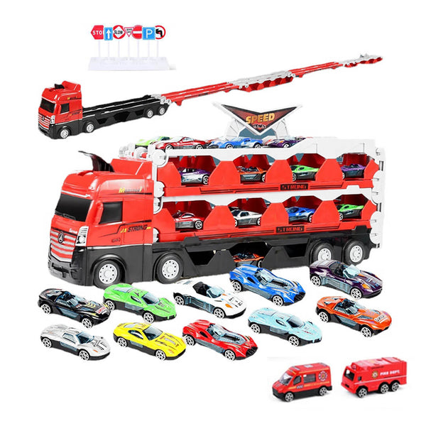Kids race track playset with 10 cars and 2 firetrucks
