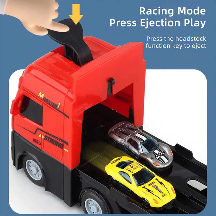 Kids launching cars on track with tap-to-launch button to eject racing cars on the foldable track