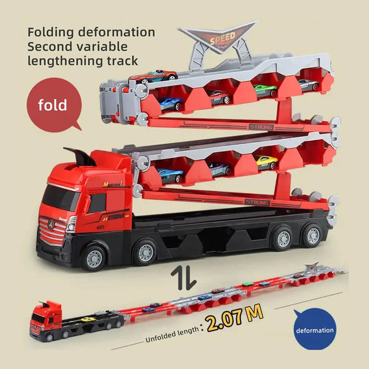 Large foldable red transport truck that turns into a car racing track 207 cm long