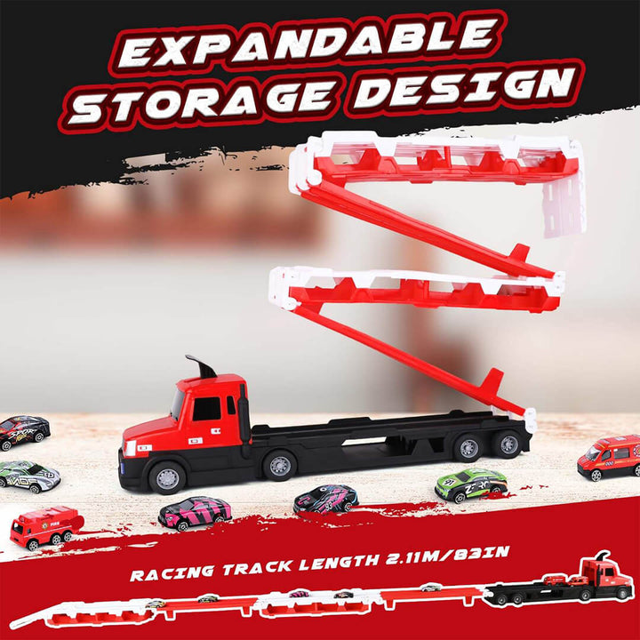 Toy truck with extendable racing track and cars for boys