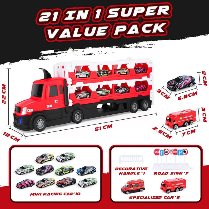 2-in-1 Transforming race truck with 12 vehicles and track, dimensions
