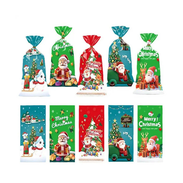 Transparent Christmas goodie bags tied at the top with festive prints, set of 10 pieces