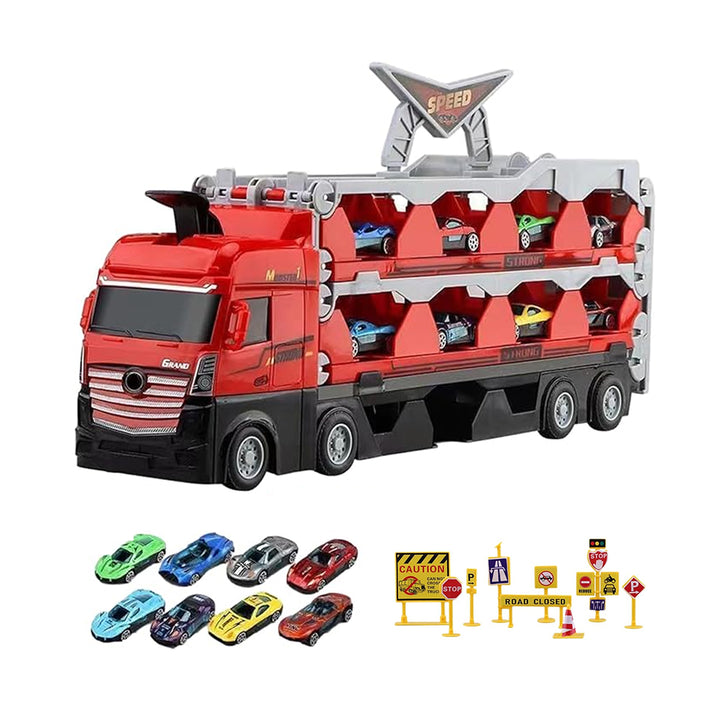 Kids race truck toy with 8 mini cars and yellow signs