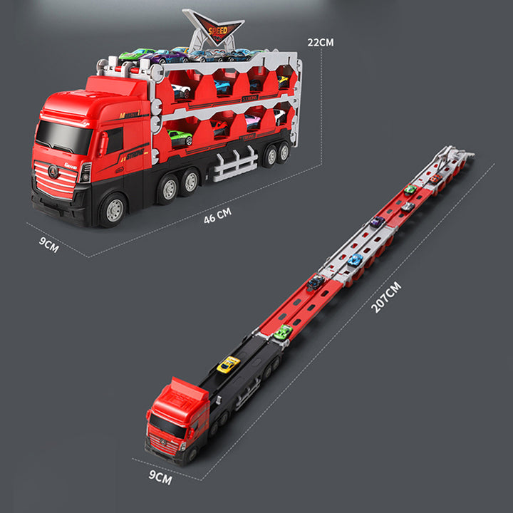 Dimensions of a transport truck toy with fold-out race track and mini cars