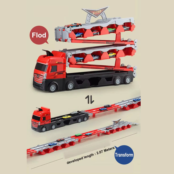 2-in-1 Expandable race track & transporter truck toy set for children
