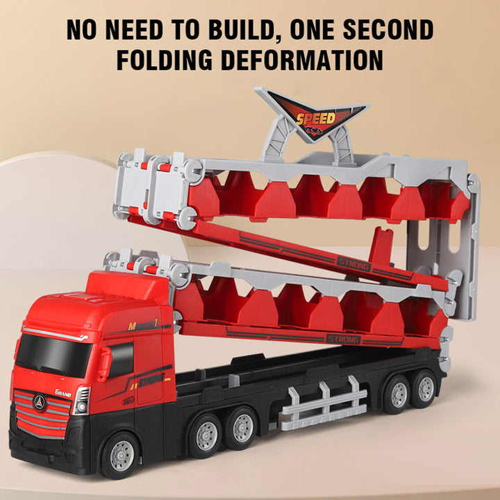 Red toy truck with folding speed race track 