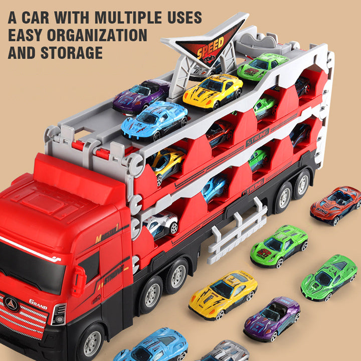Foldable Toy truck with multiple levels carrying toy cars and easy storage