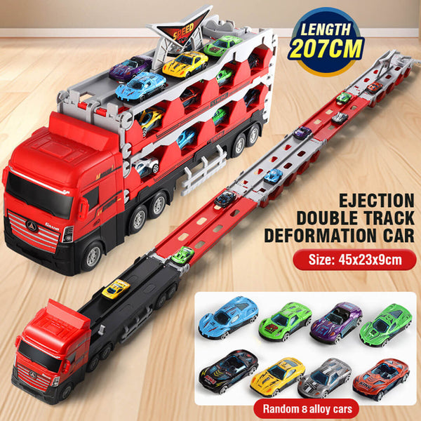 Friction-powered transporter truck toy with race track and 8 mini racing cars