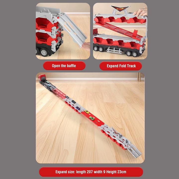 2-in-1 Expandable transporter truck & a folding racetrack