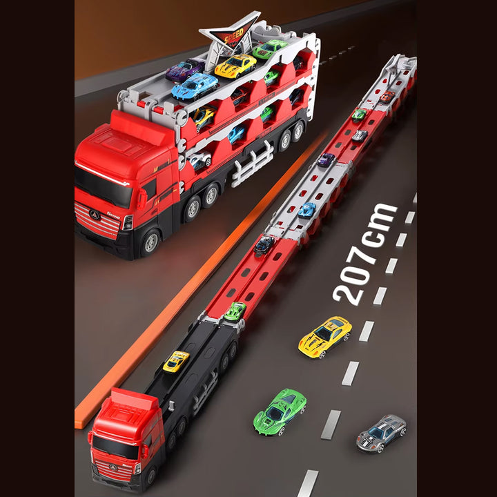 Friction-powered car launcher transporter racing truck with a foldable track