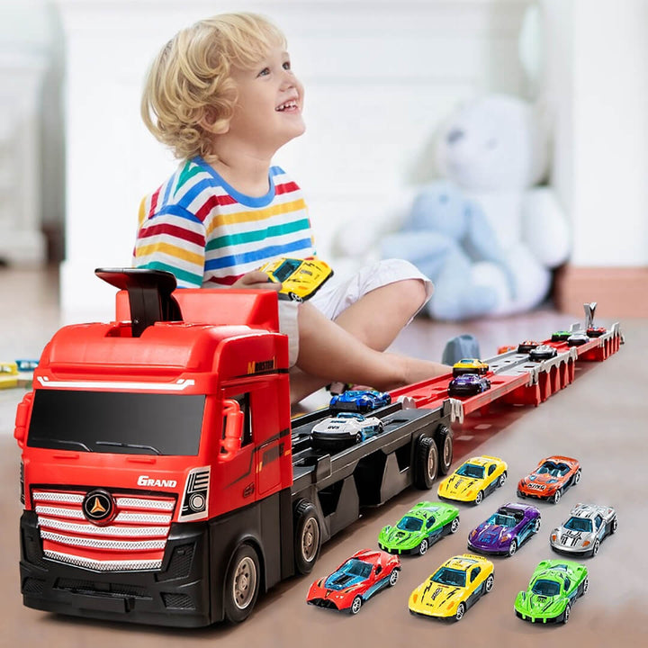 Large toy truck unfolding into 207 cm racetrack