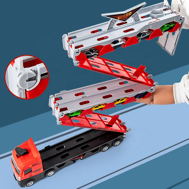 Large toy truck unfolding into 200 cm race track