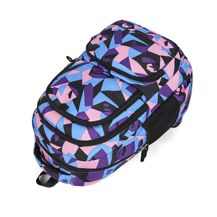 Waterproof school backpack set in purple, pink, and blue triangles
