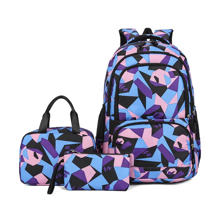 Tri-color geometric backpack set with pencil case and shoulder bag