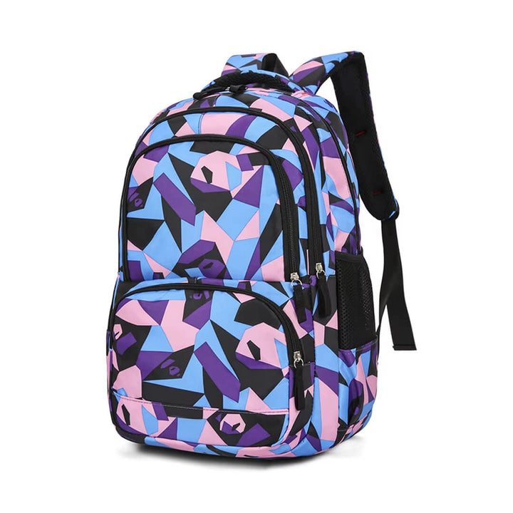 Side view of school backpack with mesh pocket and padded straps