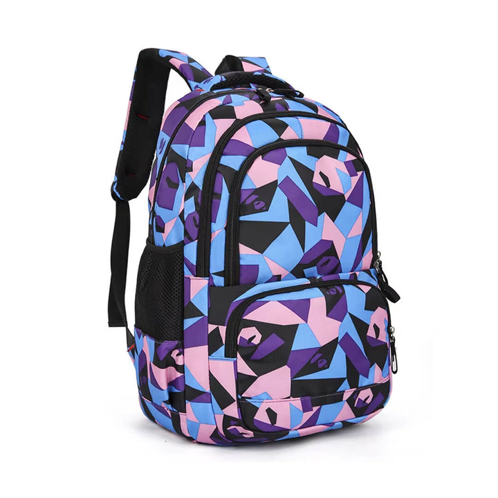 Mesh side pocket and black strap on colorful geometric backpack