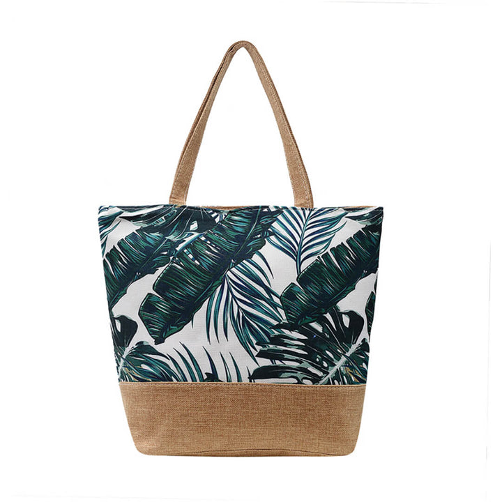 Tropical Floral Printed Canvas Beach Bags Dark Green Leaves