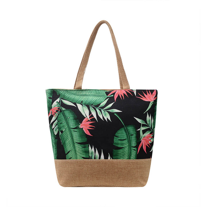Tropical Floral Printed Canvas Beach Bags Flower Leaves