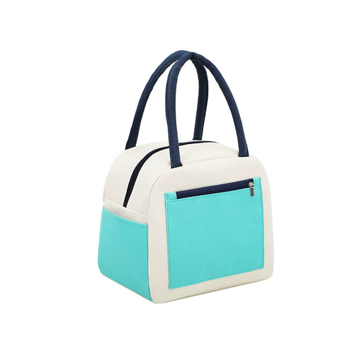 Dual-color insulated school lunch bag with front zip pocket, beige & navy color