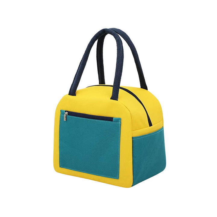 Dual-color insulated school lunch bag with front zip pocket, pink & yellow