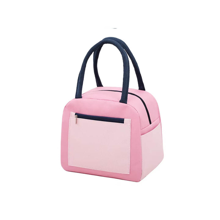 Dual-color insulated school lunch bag with front zip pocket, pink color