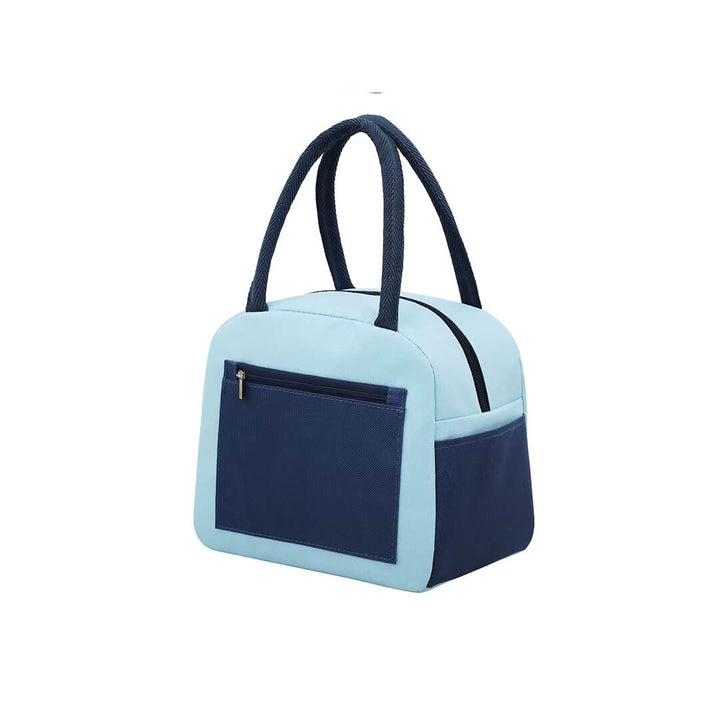 Dual-color insulated school lunch bag with front zip pocket, blue & navy color