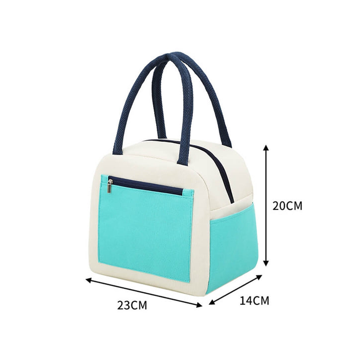 Dual-color insulated school lunch bag with front zip pocket, dimensions