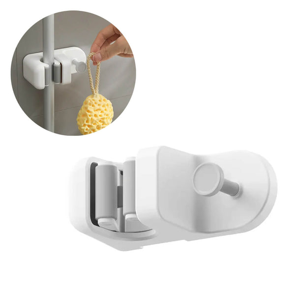 Wall-mounted mop holder with adhesive backing and hook