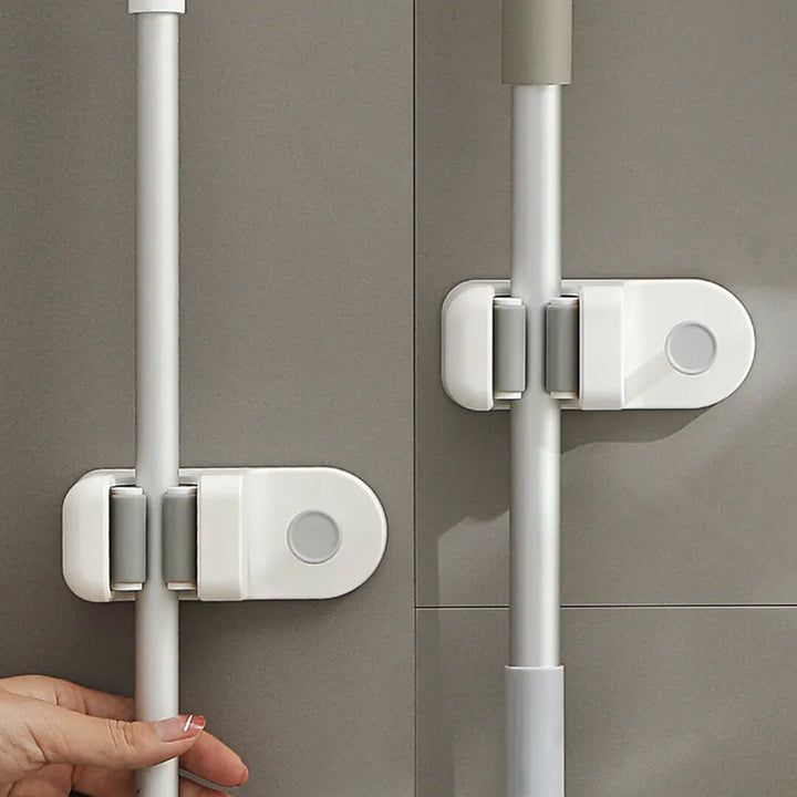 No-drill mop holder for bathroom or kitchen wall