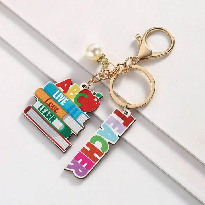Wooden rainbow keychains for teachers, Live, love, learn.