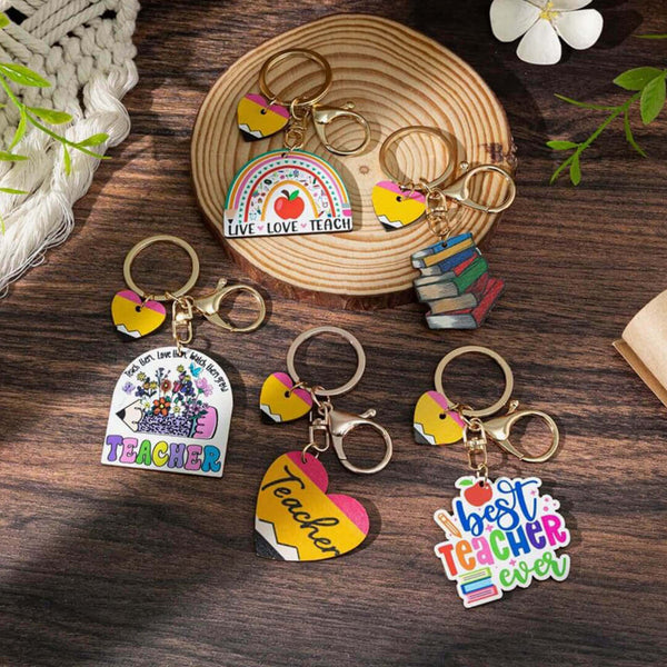 Wooden rainbow keychains with teacher thank-you messages