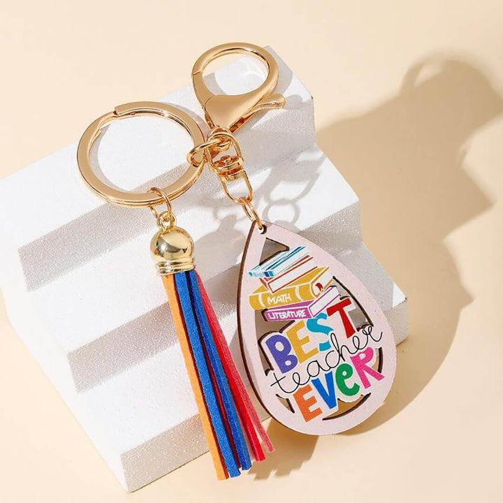 Wooden rainbow keychains for teachers, diamond shape with best etacher ever message