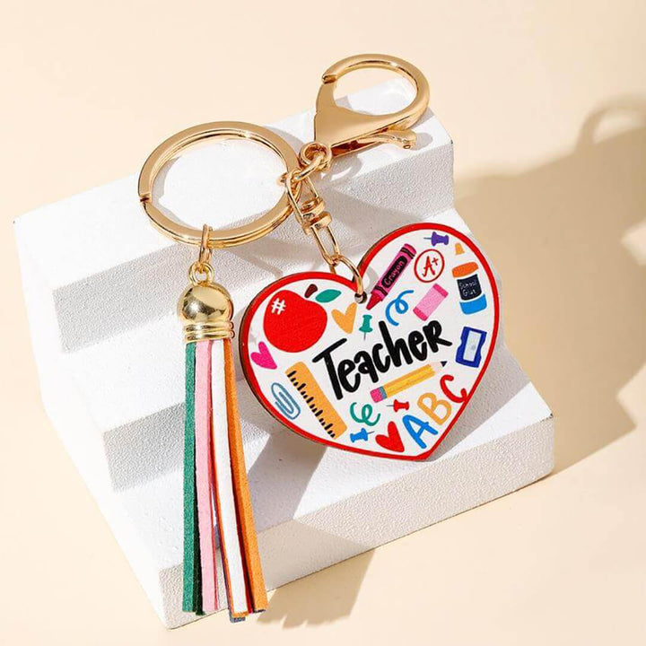 Wooden rainbow keychains for teachers, heart-shaped with cute stationery drawing