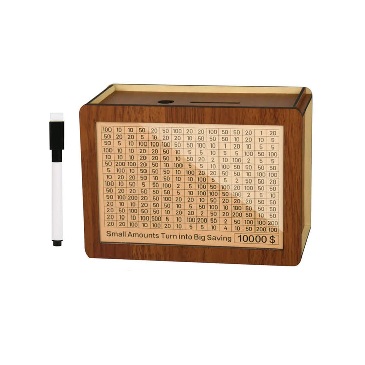 Unbreakable Wooden piggy bank with target whiteboard pen, $10.000 goal