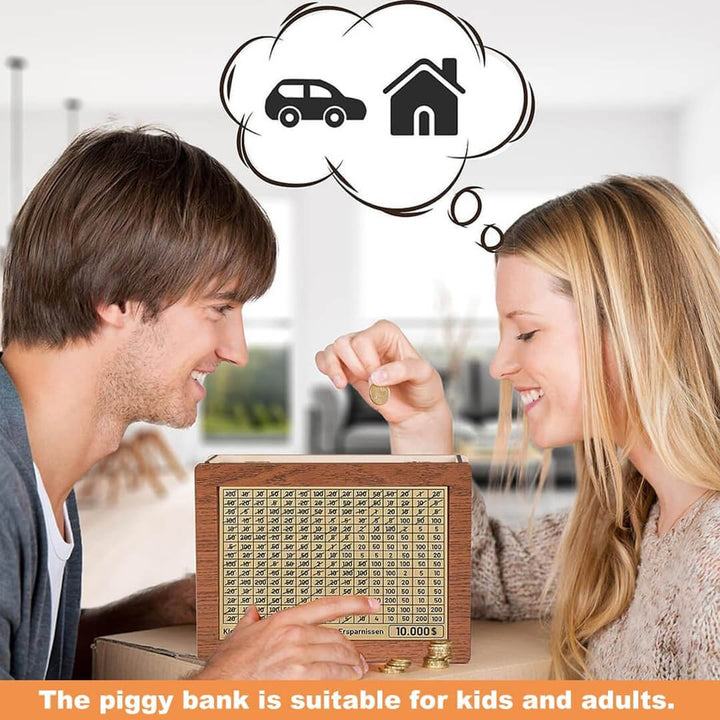 Adults' wooden piggy bank with target whiteboard pen for big dreams savings.