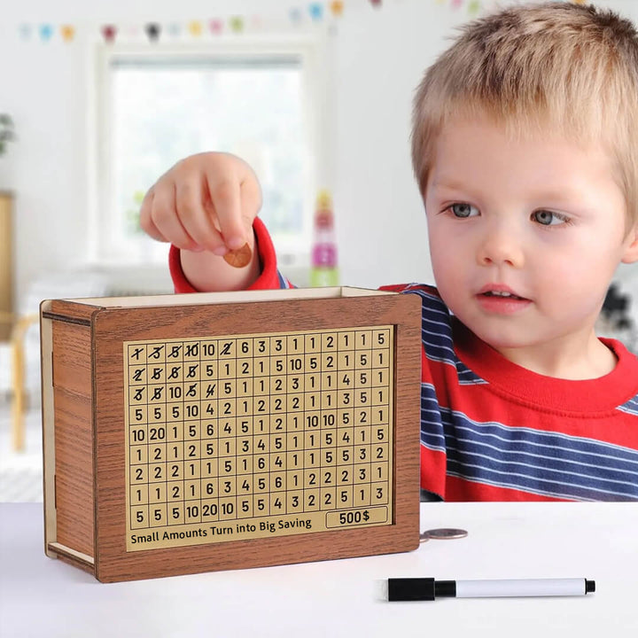 Kids & Adults Wooden piggy bank with target whiteboard pen, $500 goal
