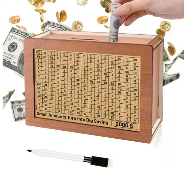 Wooden piggy bank with target whiteboard pen, $2000 goal