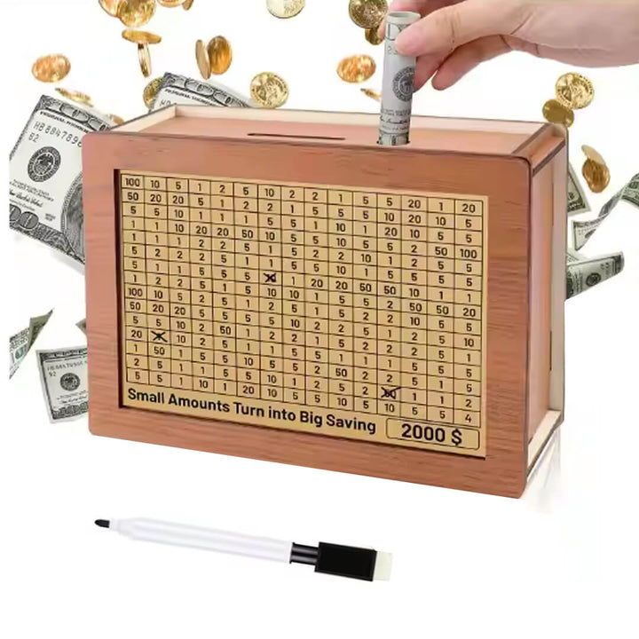 Wooden piggy bank with target whiteboard pen, $2000 goal