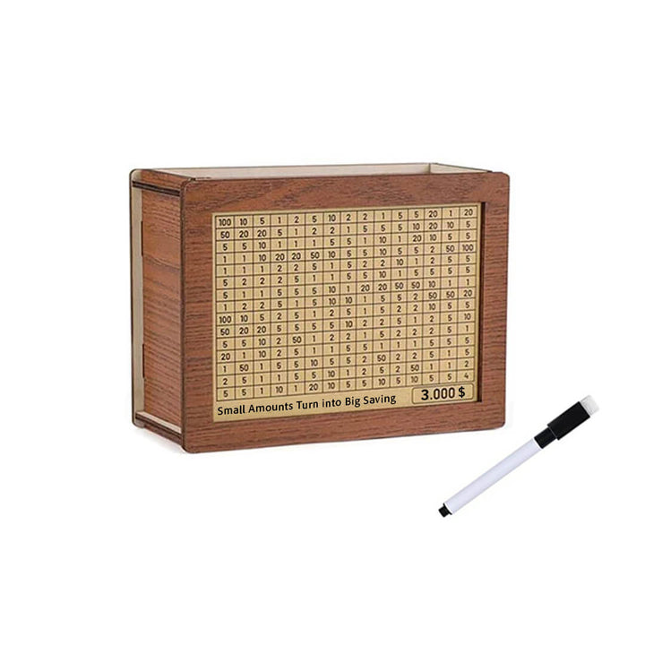Wooden piggy bank with target whiteboard pen, $3000 goal