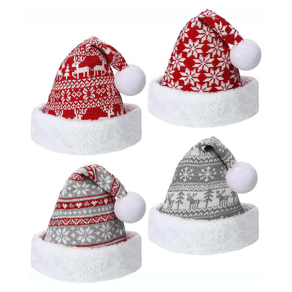 Four Christmas hats with red, white, and gray patterns