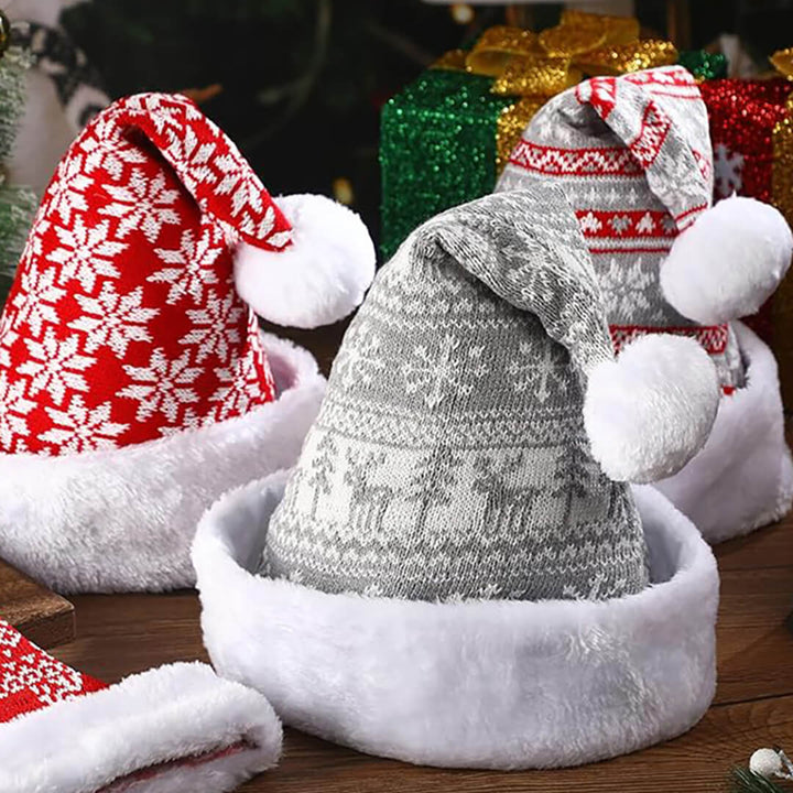 Four festive wool Christmas hats, red and grey color